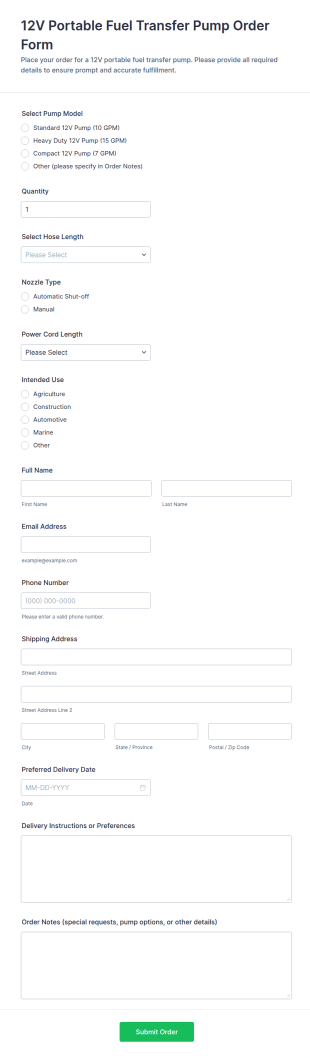 12V Portable Fuel Transfer Pump Order Form Template
