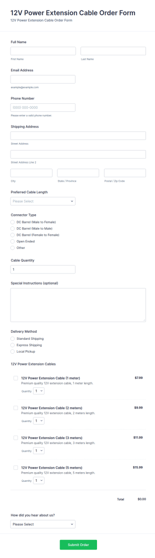 12V Power Extension Cable Order Form Template