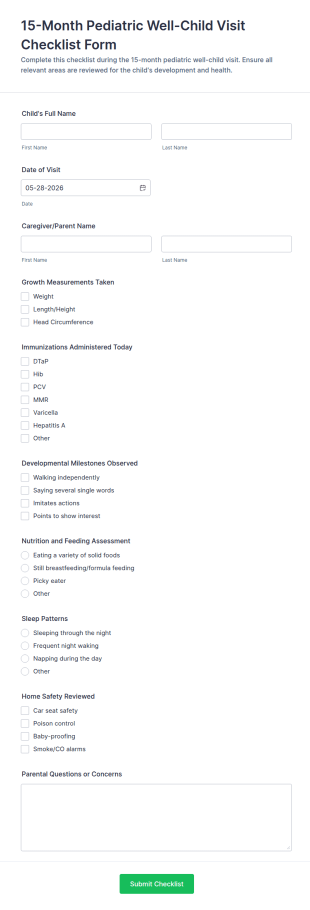 15 Month Pediatric Well Child Visit Checklist Form Template