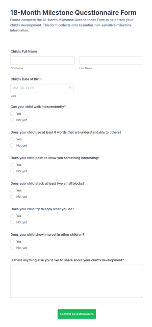 18 Month Milestone Questionnaire Form Template
