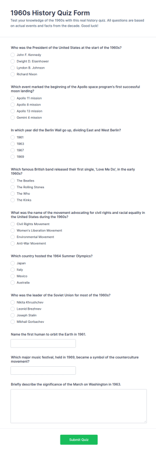 1960s History Quiz Form Template