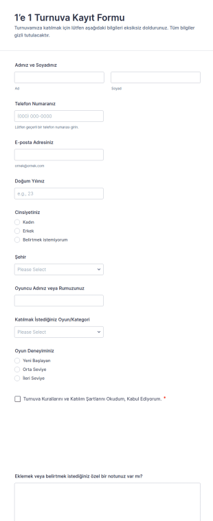 1’e 1 Turnuva Kayıt Form Şablonu