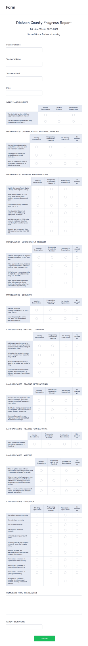 1St 9 Weeks Progress Report 2Nd Grade Form Template