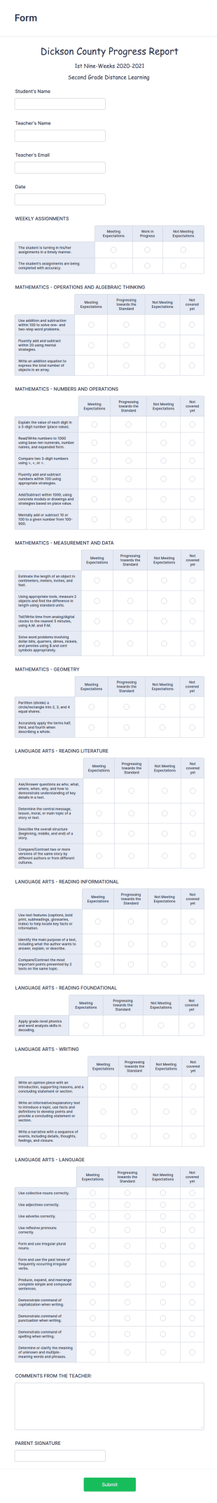 1St 9 Weeks Progress Report 2Nd Grade Form Template