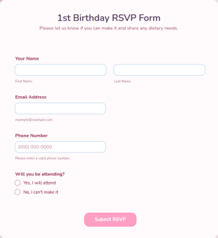 1st Birthday RSVP Form Template