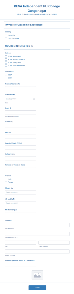 1st PUC Application Form 2021 2022