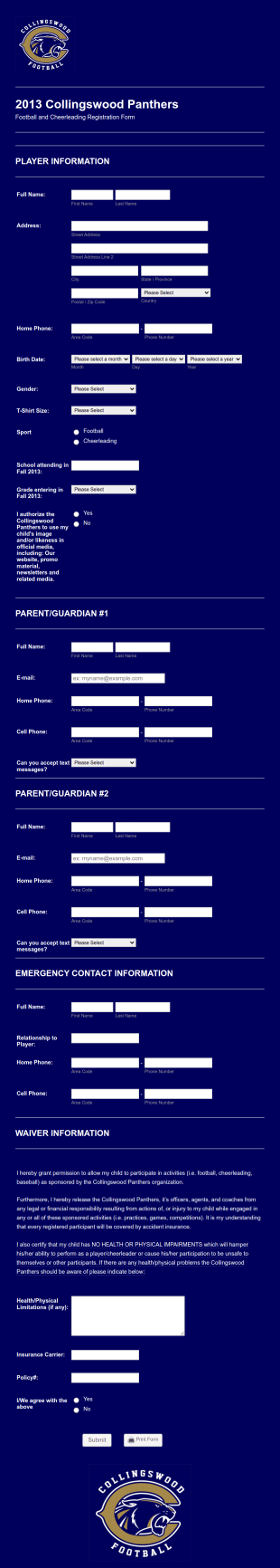 Football And Cheerleading Registration Form Template