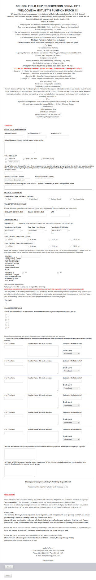School Field Trip Reservation Form Template