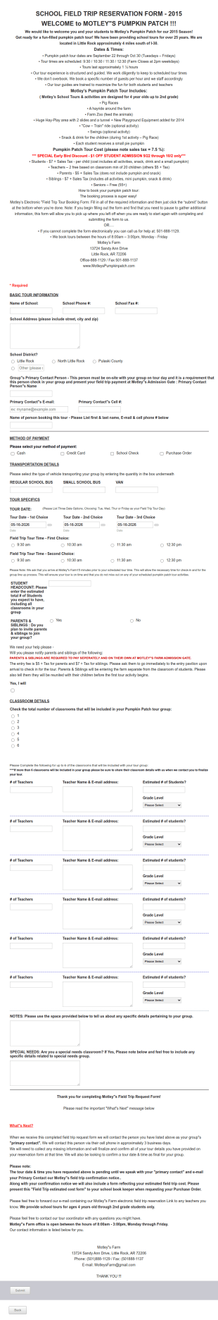 School Field Trip Reservation Form Template