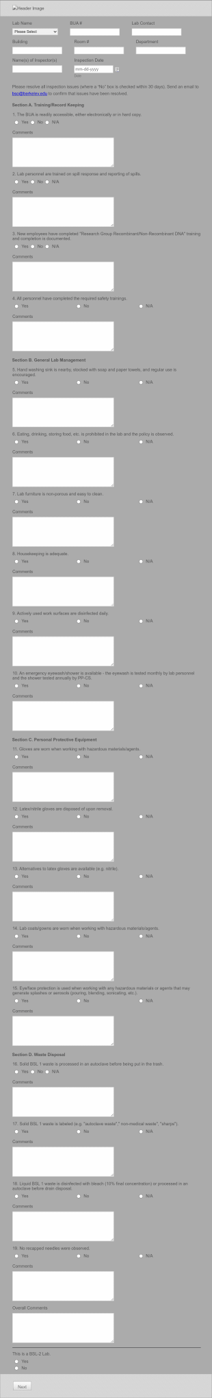 Bio Safety Inspection Form Template