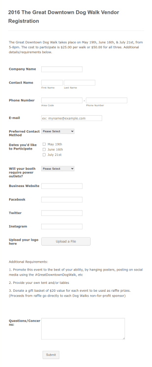 2016 Downtown Dog Walk Vendor Registration Form Template