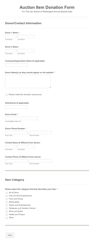2018 Gala Auction Item Donation Form Template