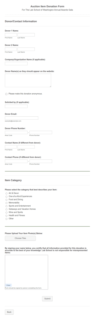 2018 Gala Auction Item Donation Form Template
