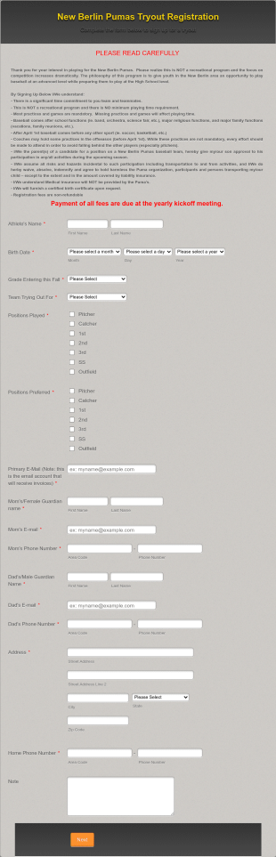 Baseball Tryout Form Template