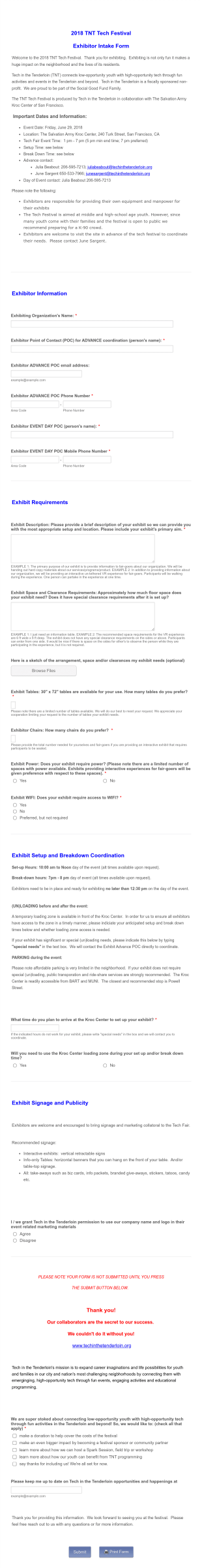 2018 TNT Tech Fest Exhibitor Intake Form Template