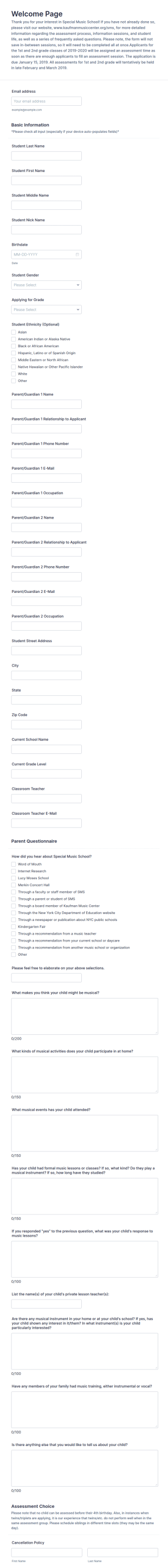 Music School Application Form Template