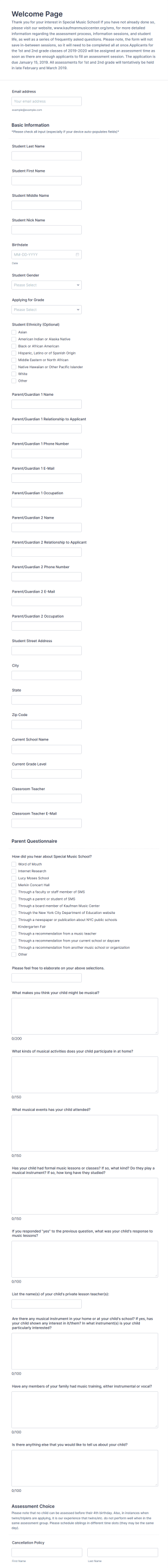 Music School Application Form Template