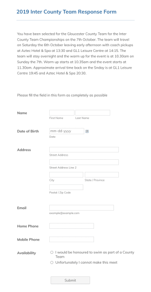 2018 Inter County Team Response Form Form Template