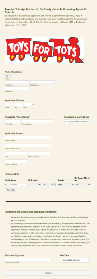 2019 Toys For Tots Application Form Template