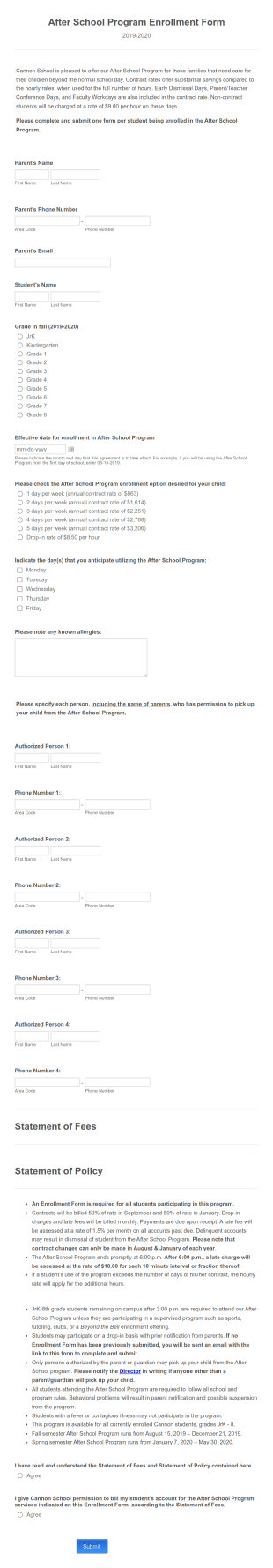 2020 2021 After School Program Enrollment Form Template