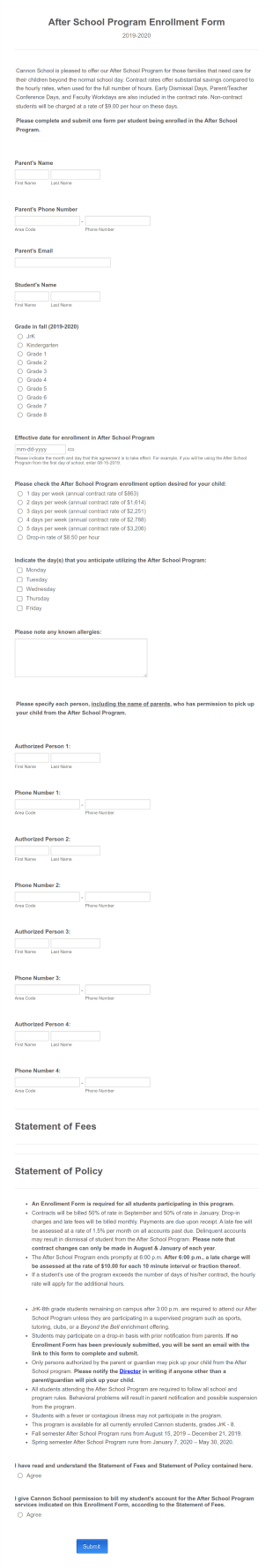 2020 2021 After School Program Enrollment Form Template
