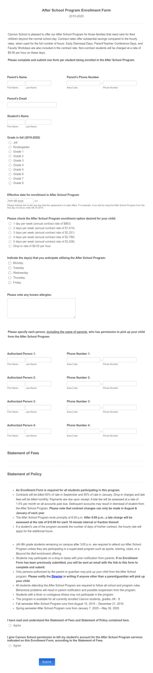 2020 2021 After School Program Enrollment Form Template