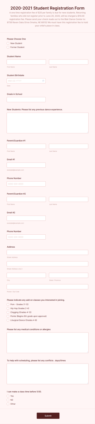 2020 2021 Registration Form Template