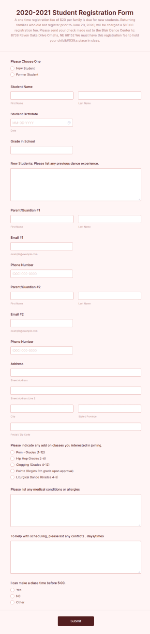 2020 2021 Registration Form Template