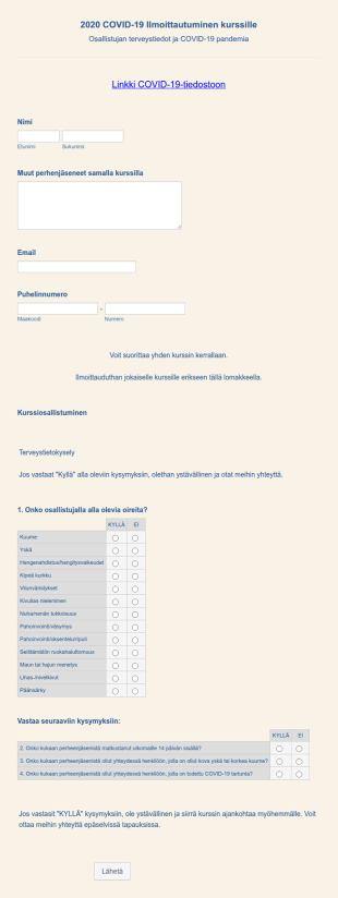 2020 COVID 19 Ilmoittautuminen Kurssille