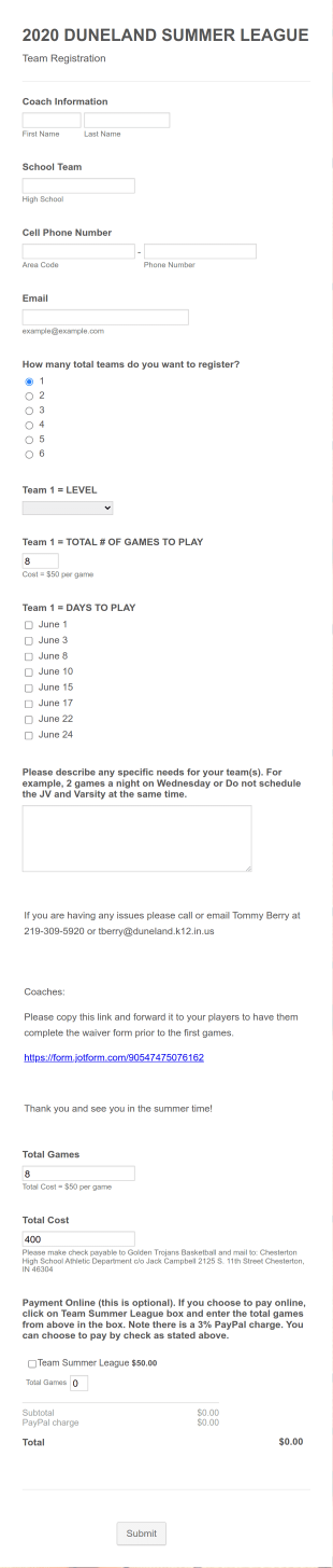 2020 Duneland Summer League Team Registration Form Template