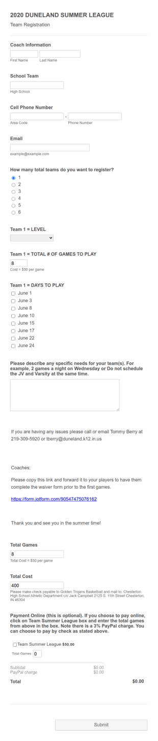 2020 Duneland Summer League Team Registration Form Template