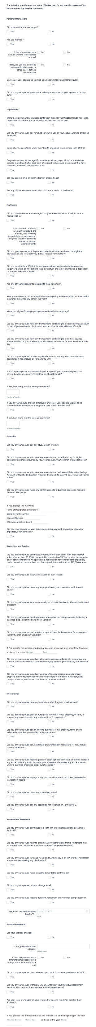 2020 Individual Tax Questionnaire Form Template
