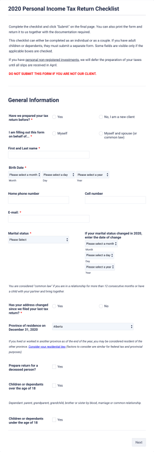 2020 Personal Income Tax Return Checklist Form Template