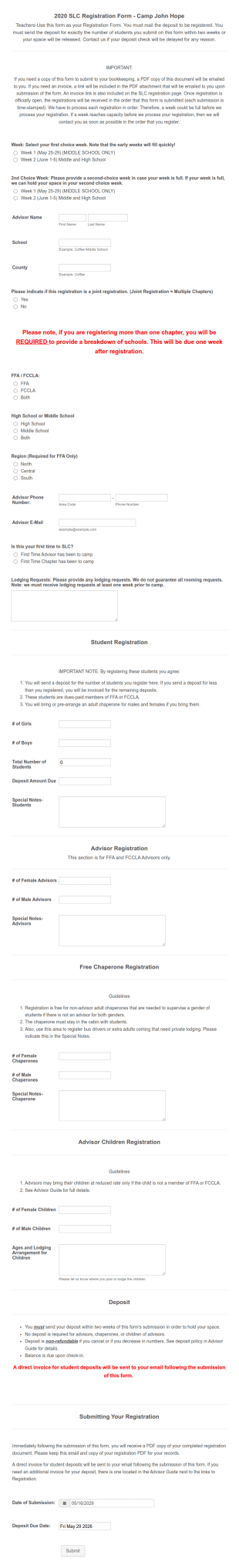 2020 SLC Registration Form Camp John Hope