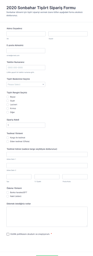 2020 Sonbahar Tişört Sipariş Form Şablonu