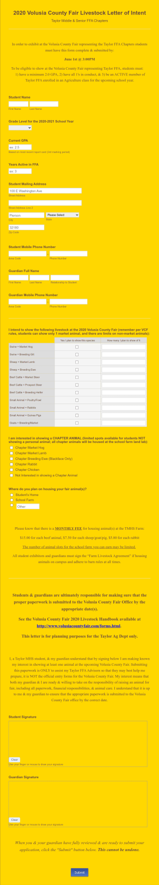 2020 Volusia County Fair Livestock Letter Of Intent Form Template