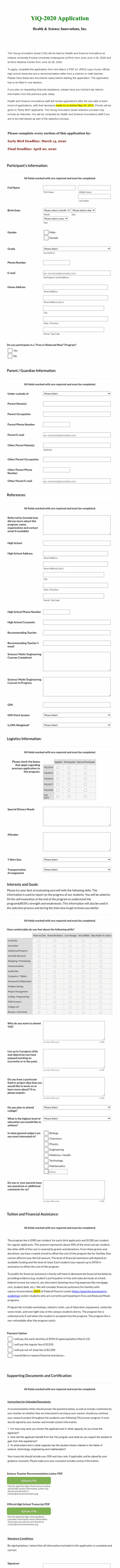 2020 Young Innovators Quest Application Form Template