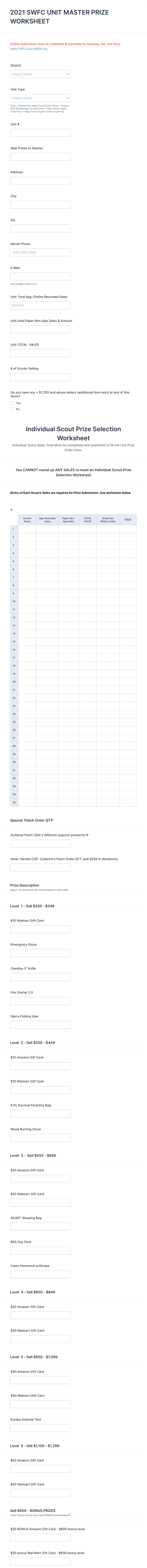 2021 Swfc Unit Master Prize Worksheet Form Template