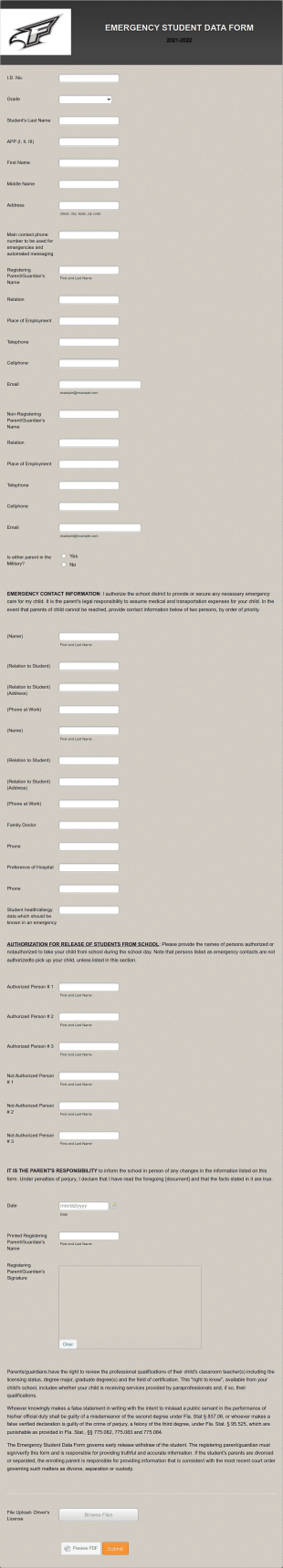 2021 2022 Emergency Student Data Form Template