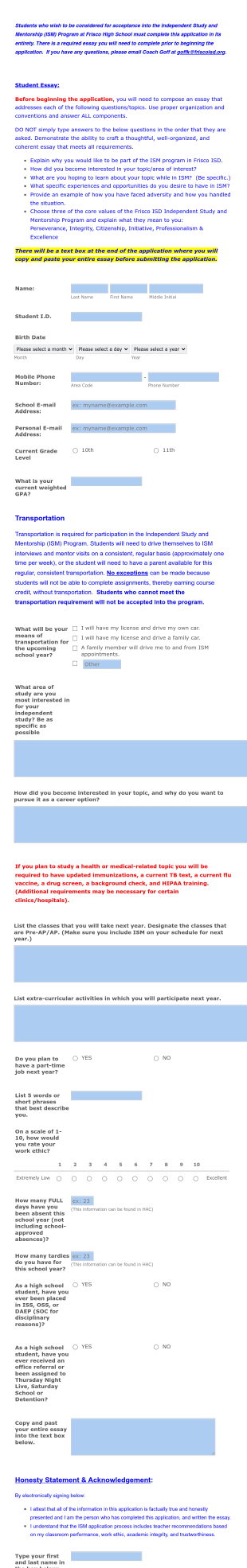 2021 22 Frisco High School ISM 1 Application Form Template