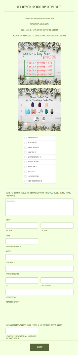 2021 Holiday Collection Pre Order Form Template