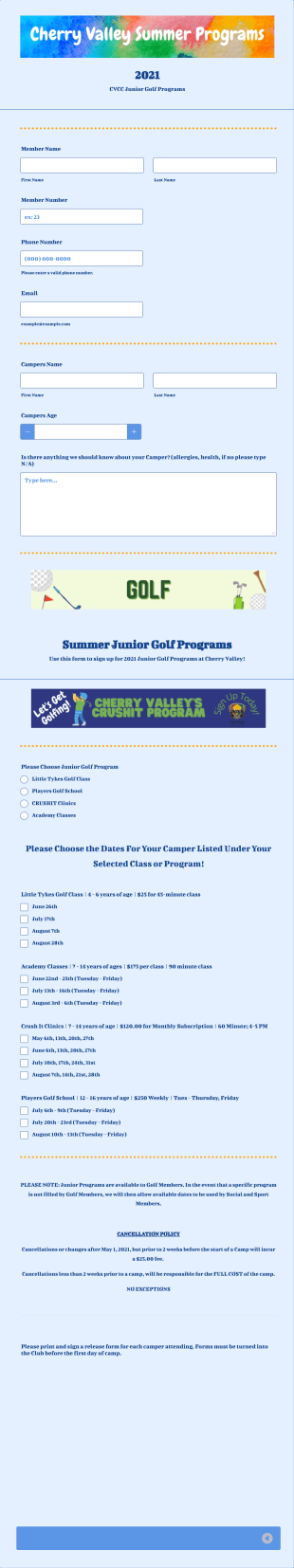 Junior Golf Program Registration Form Template