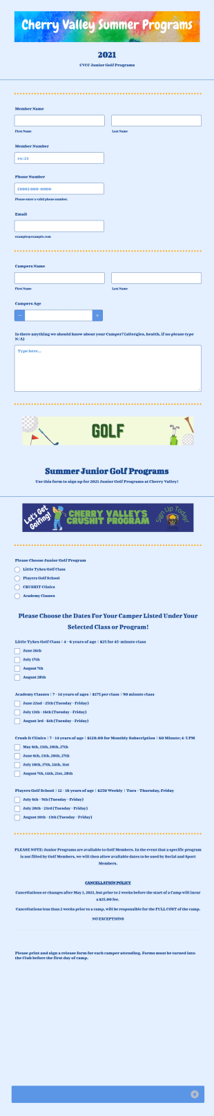 Junior Golf Program Registration Form Template