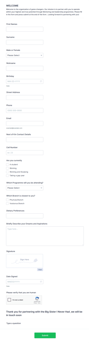 Mentee Partnering Application Form Template