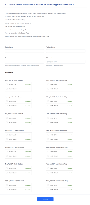 2021 Silver Series West Season Pass Open Schooling Reservation Form Template