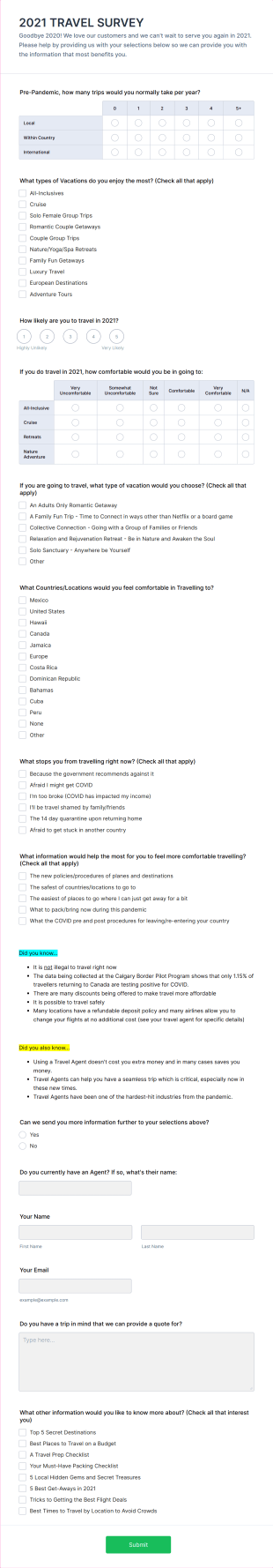 2021 Travel Questionnaire Form Template