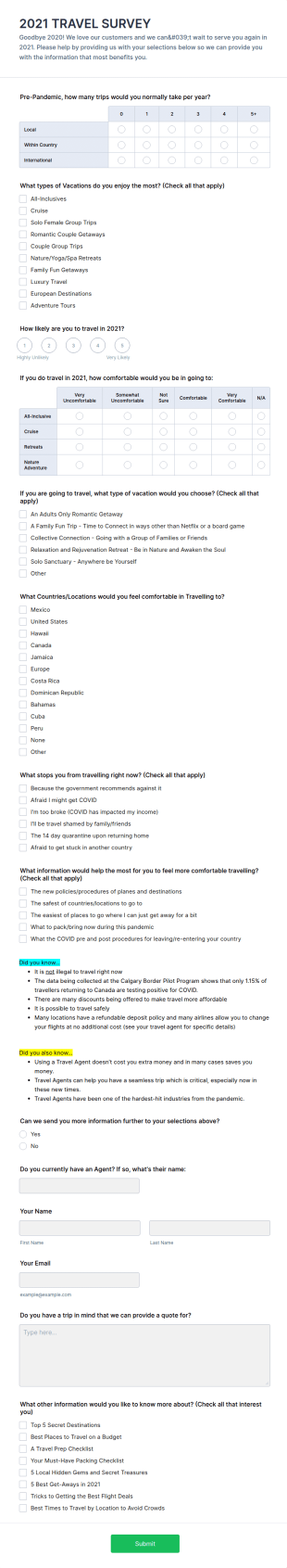 2021 Travel Questionnaire Form Template