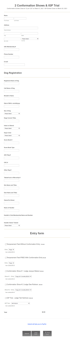 Doberman Club Entry Form Template