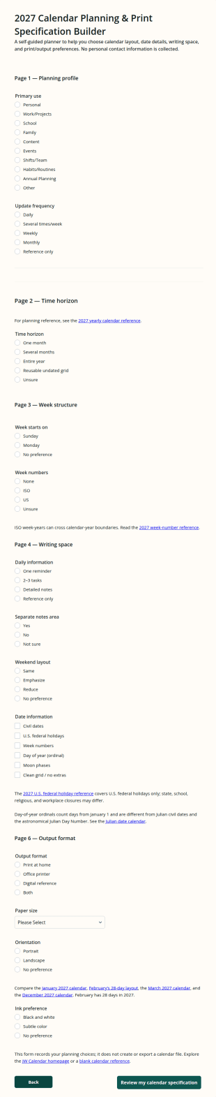 Calendar Planning And Print Specification Form Template