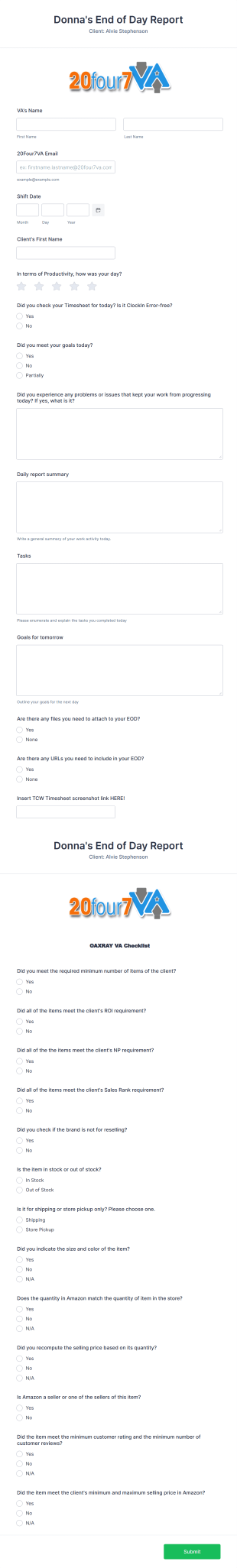 Virtual Assistant Daily Productivity Report Form Template